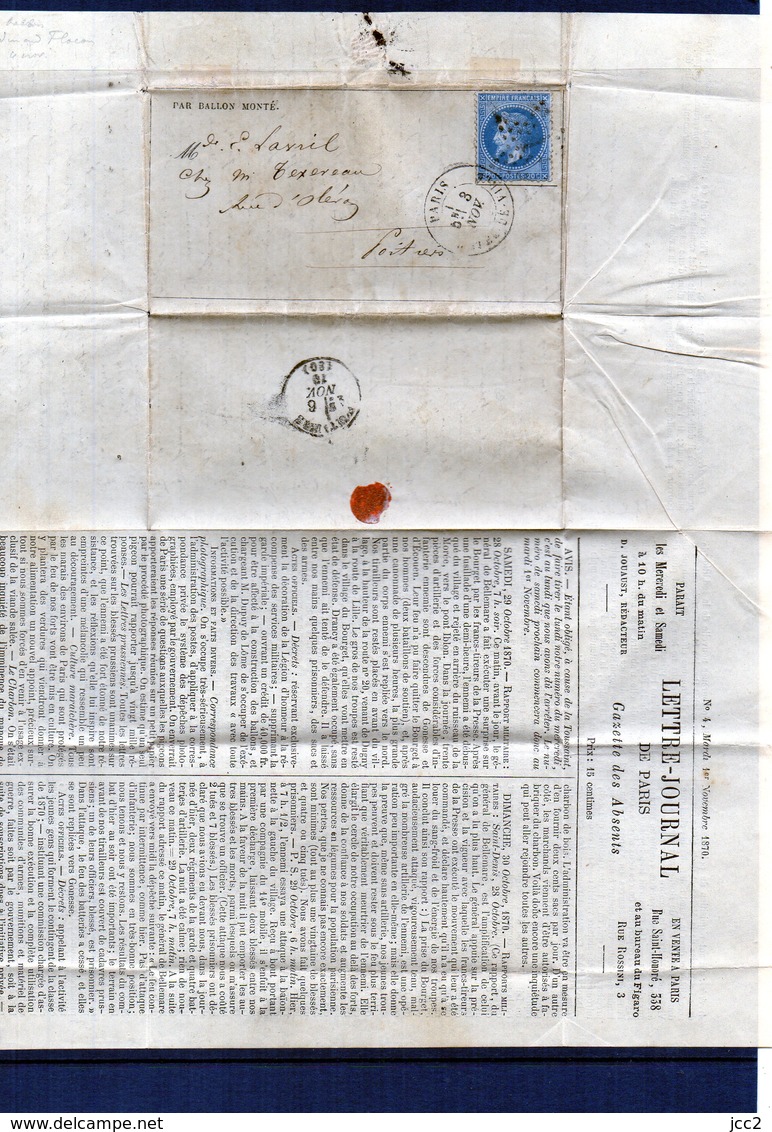 Ballon-Monté - N°23 - Le Ferdinand Flocon -Certain Pour Poitiers Gazette N°A + Suplèment - Krieg 1870