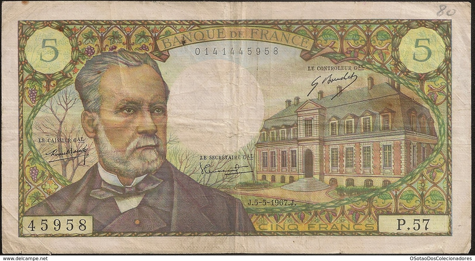 Banknote France Pasteur - 5 Francs - 5-5-1967 J - Cinq Francs - BC - 5 F 1966-1970 ''Pasteur''