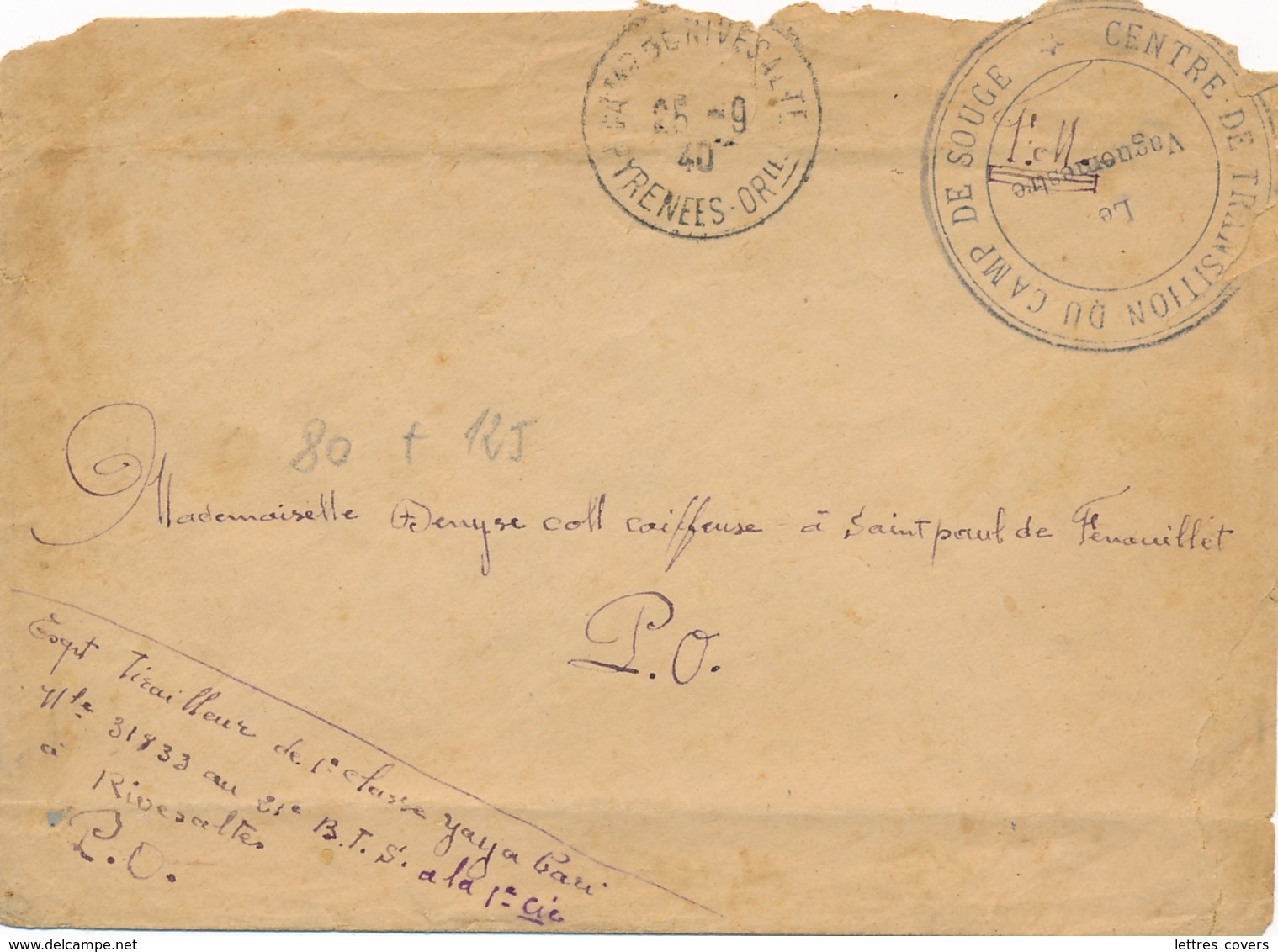 Rare Marque " CENTRE DE TRANSITION DU CAMP DE SOUGE " Sur Lettre Affrt " CAMP DE RIVESALTES 25/9/40 " Internés Civils - Oorlog 1939-45