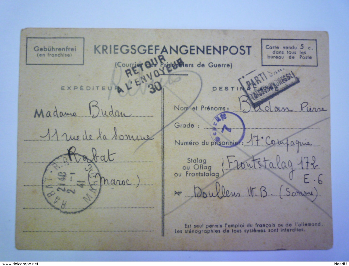 GP 2019 - 1008  CARTE En  FM  Au Départ Du MAROC En 1941 / FRONTSTALAG 172  DOULLENS - RARE XXXX - Militaire Zegels