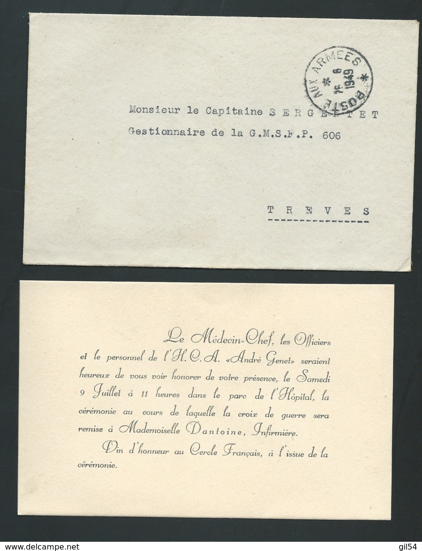 Invitation à  Une Cérémonie De Remise De La Croix De Guerre à Mll Dantoine , Infirmière En 1949 , Trèves  Bpho0816 - Other & Unclassified