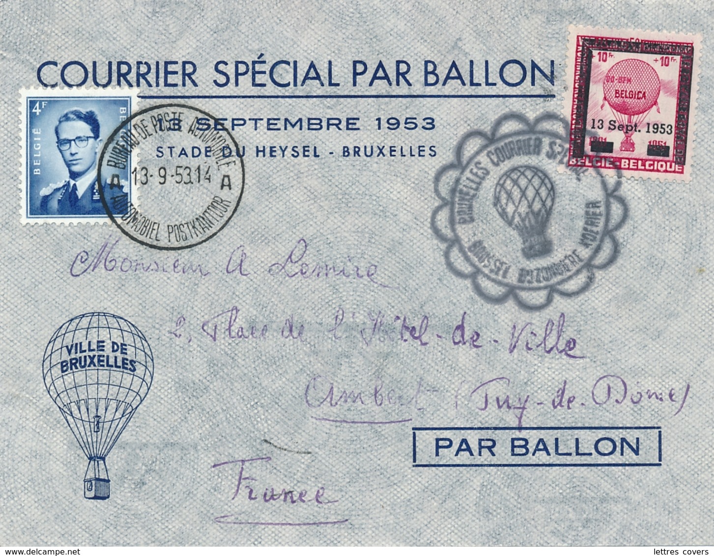 Belgique COURRIER SPECIAL PAR BALLON - VIGNETTE 13/9/53 - Lettre > AMBERT FRANCE - Briefe U. Dokumente