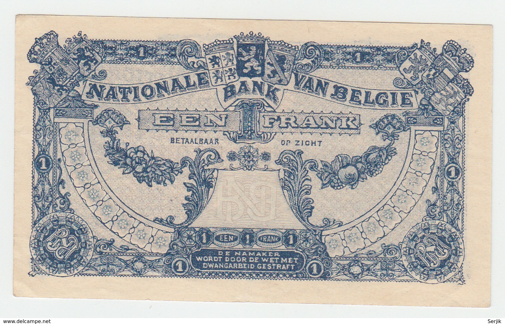 Belgium BELGIQUE 1 Franc 1920 XF RARE Banknote Pick 92 - 1 Franco