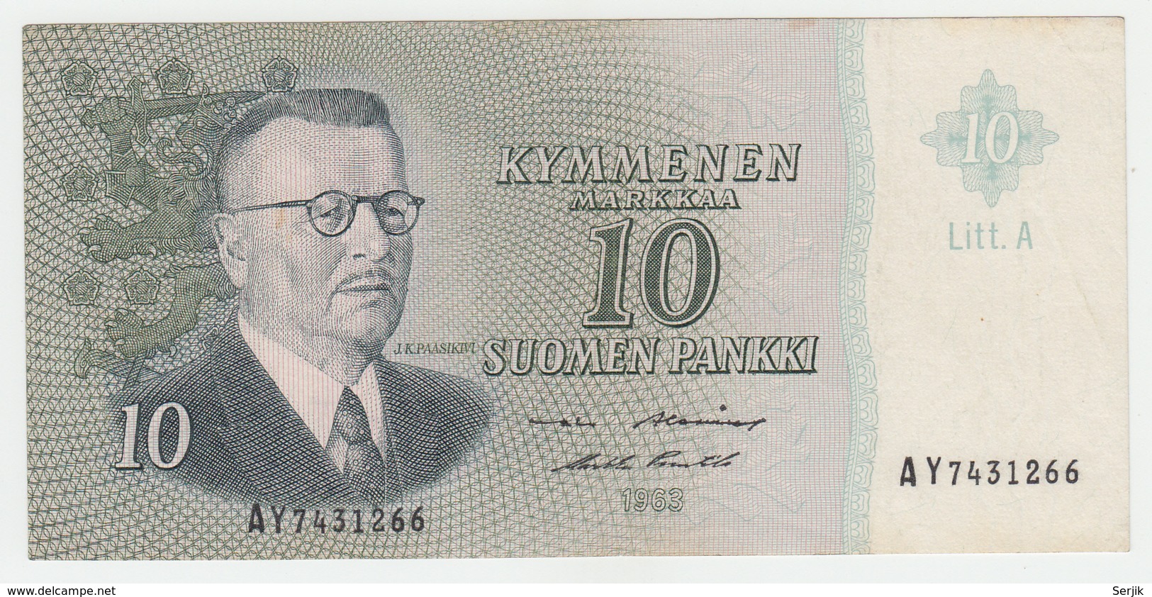 FINLAND 10 MARKKAA 1963 VF+ Pick 104 Litt. A - Finland