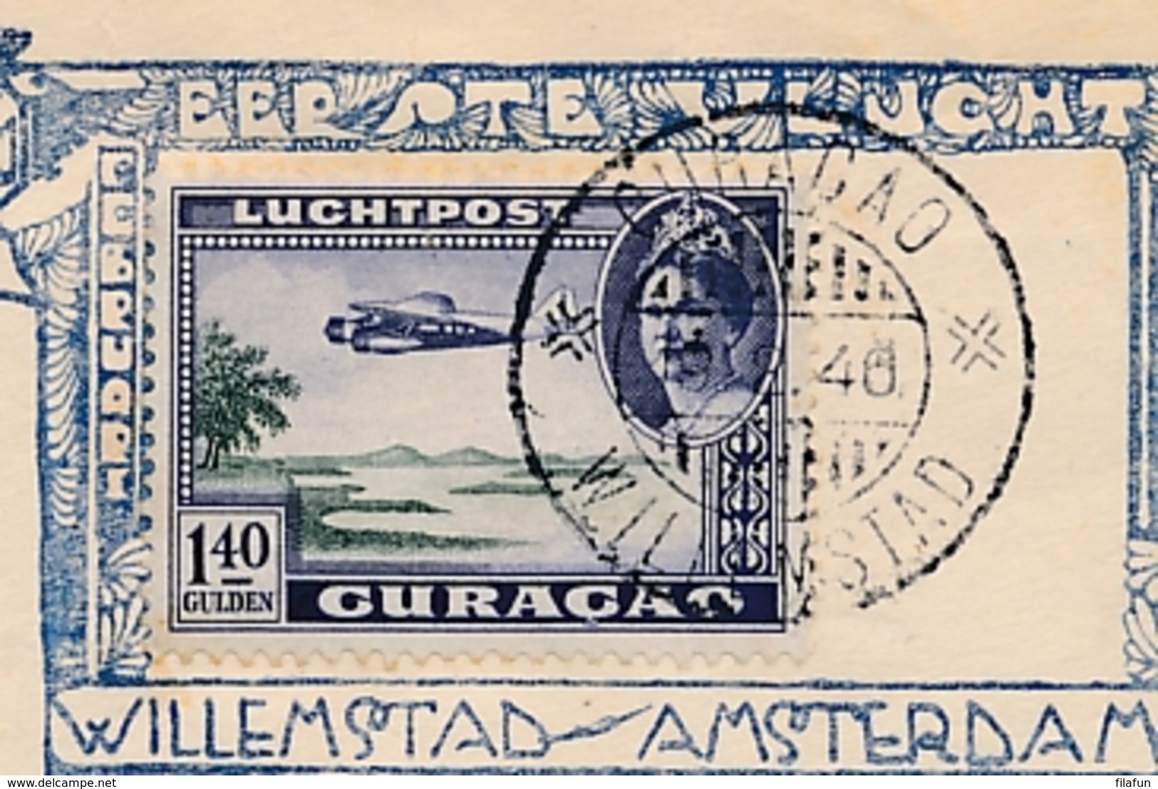 Curacao - 1946 - 1,40 Gulden Luchtpost Op R-cover Van Willemstad Naar Scharnegoutum Bij Sneek - Curaçao, Antilles Neérlandaises, Aruba