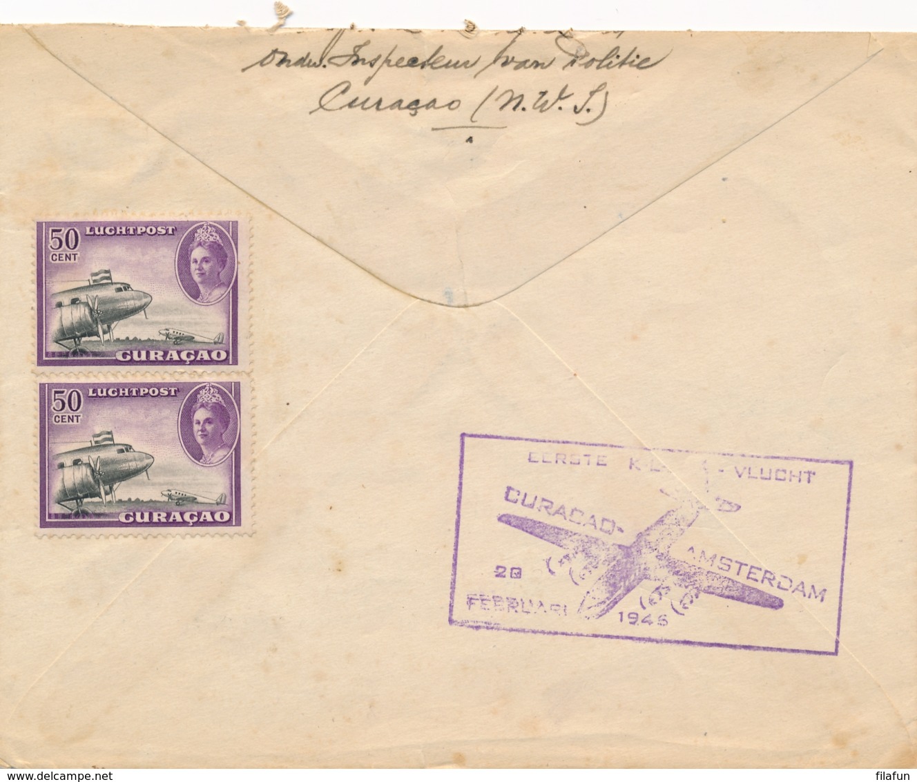 Curacao - 1946 - 1,40 Gulden Luchtpost Op R-cover Van Willemstad Naar Scharnegoutum Bij Sneek - Niederländische Antillen, Curaçao, Aruba