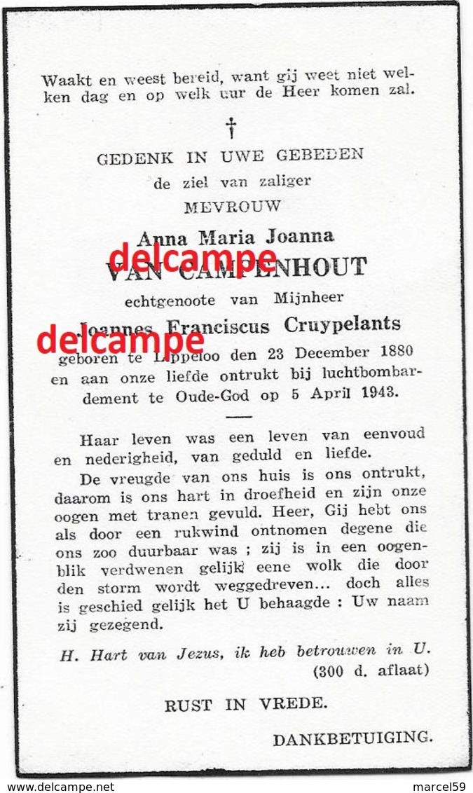 Oorlog Guerre Anna Van Campenhout Lippeloo Gesneuveld Bombardement MORTSEL 5 APRIL 1943 Oude God Cruypelants - Images Religieuses