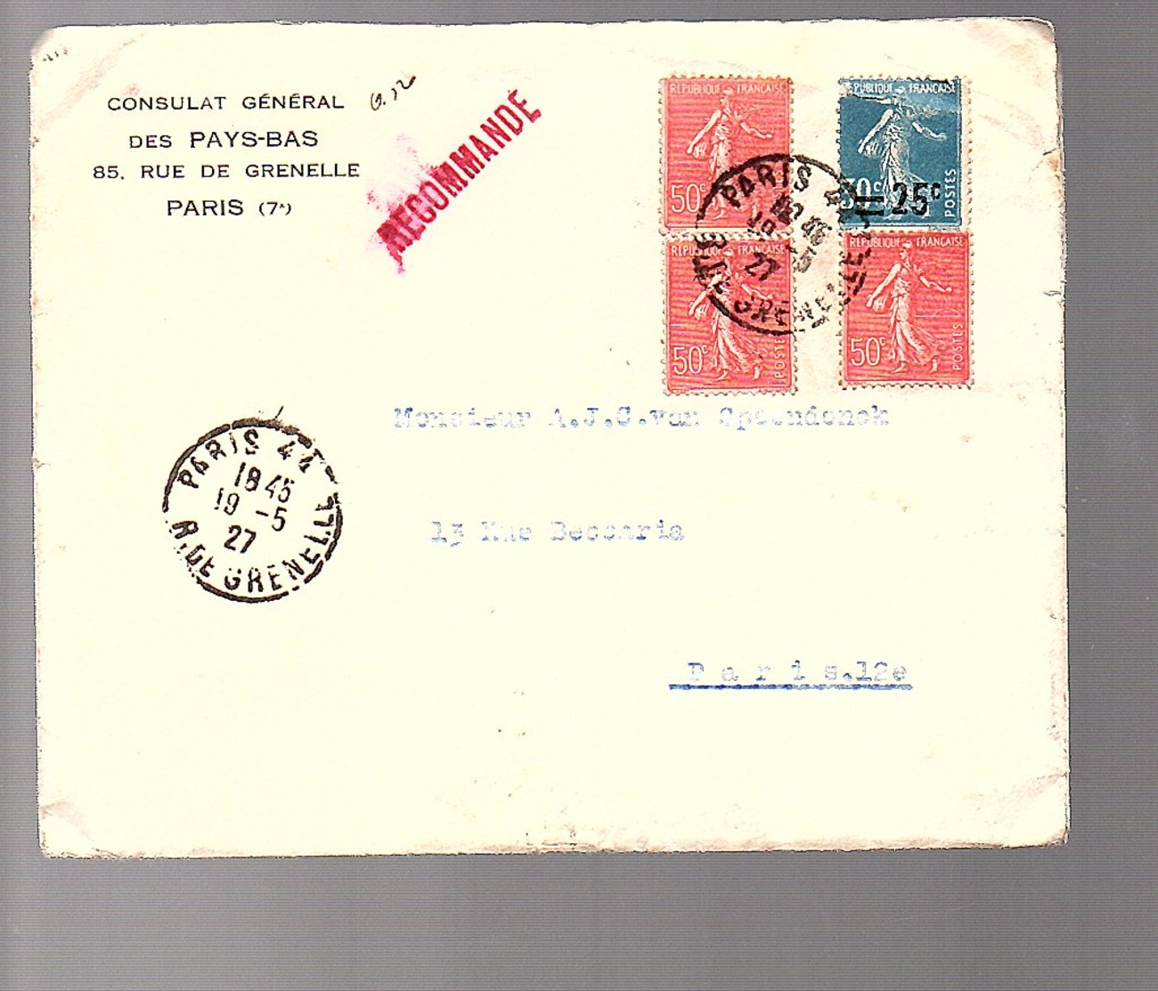 Consulat Général Embassy Pays-Bas Holland Paris 1927 To Spoendonck + Letter (187) - Brieven En Documenten