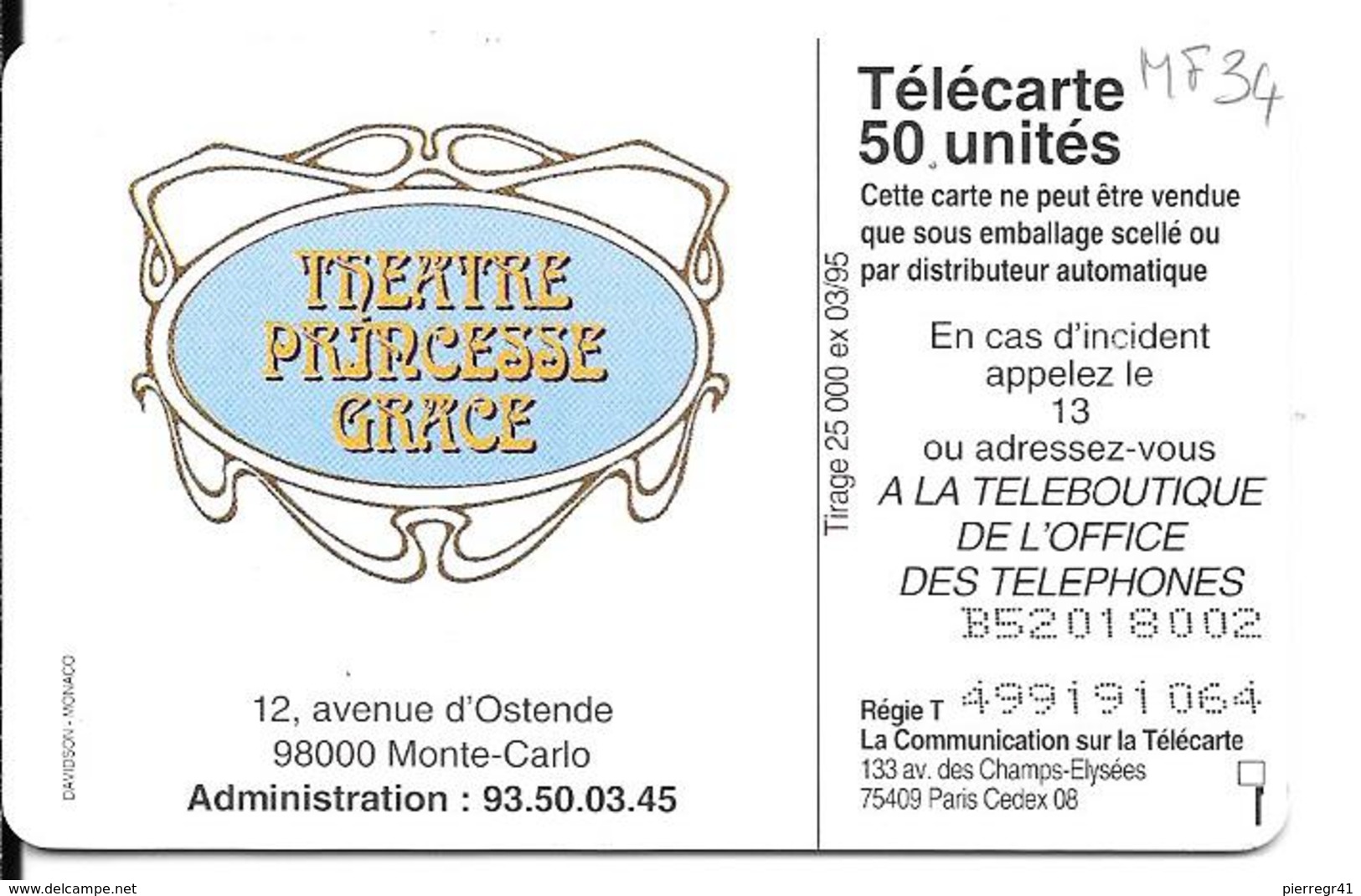 CARTE-PUBLIC-MONACO-50U-MF34-GEM A-03/95-COMITE OLYMPIQUE-R° Glacé-V°Grands N°/Série N°8002-UTILISE-TBE - Monace