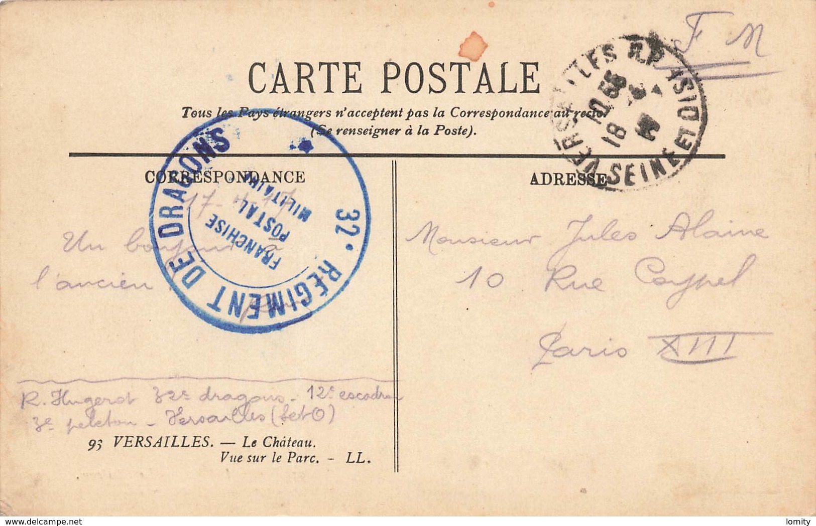 & Cachet Militaire Guerre 1914 1918 32e Regiment De Dragons Versailles Correspondance Franchise Postale Militaire - Guerre De 1914-18