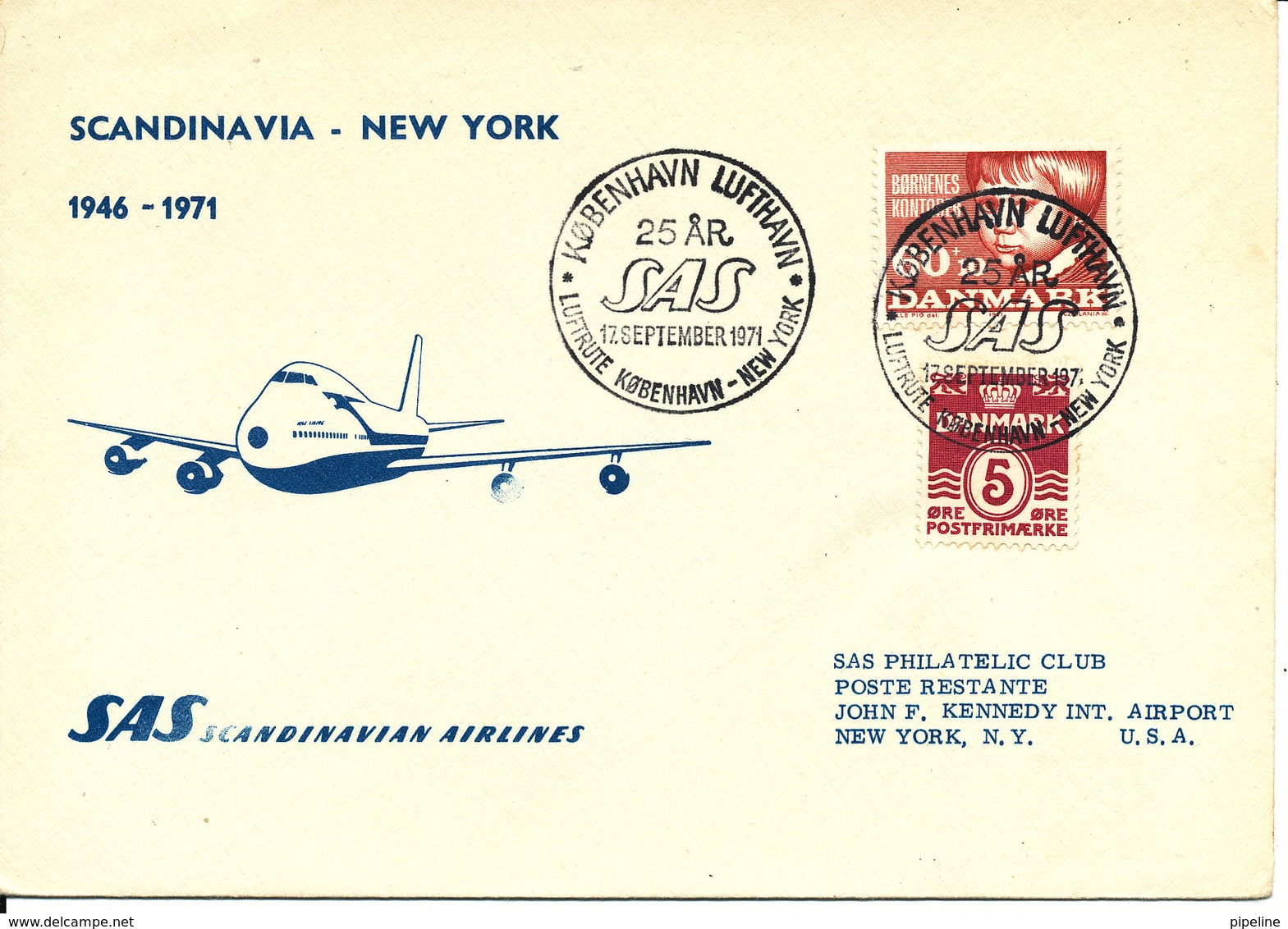 Denmark Flight Cover 17-9-1971 SAS 25 Years Anniversary On The Route Copenhagen - New York - Covers & Documents