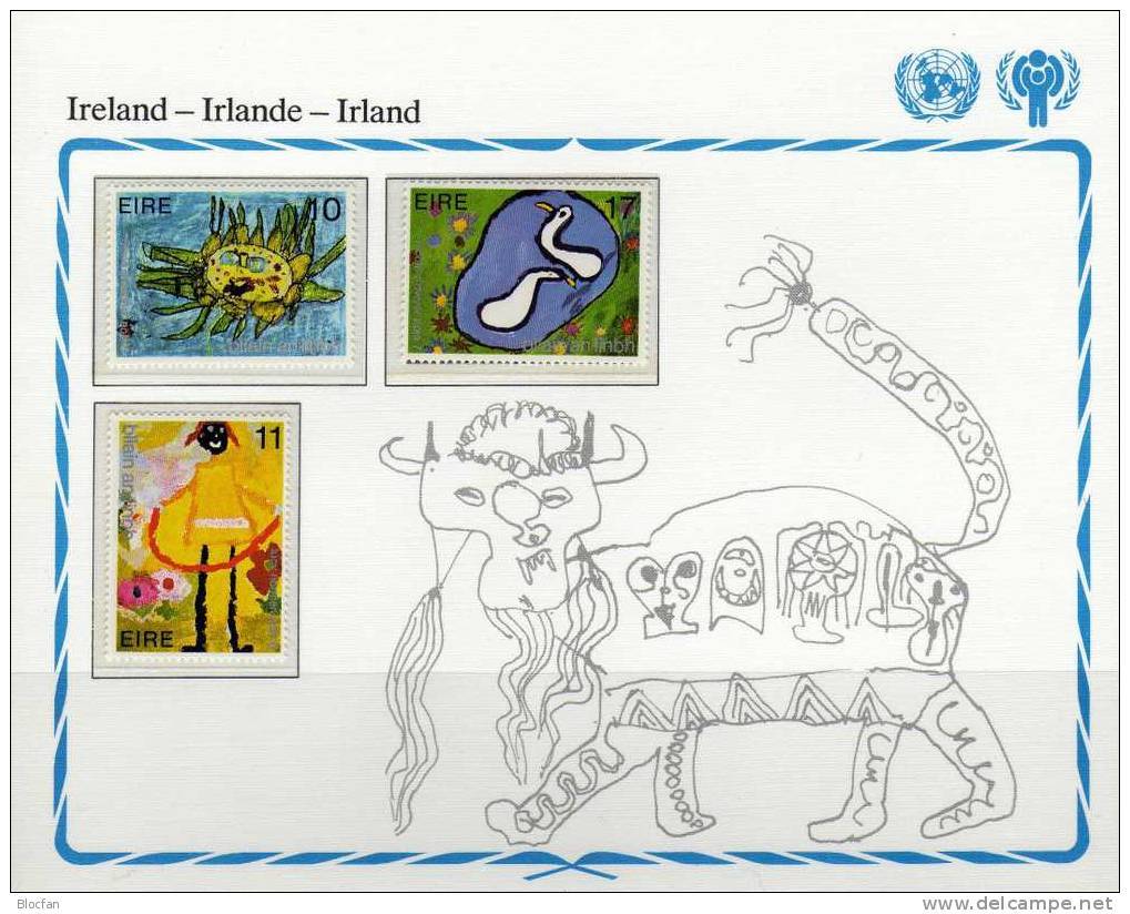 Gedenkblatt UN Kinder-Jahr 1979 Irland 401/3 ** 2€ Zeichnungen Von Kindern UNESCO Set Of Children-paintings Bf EIRE - Covers & Documents