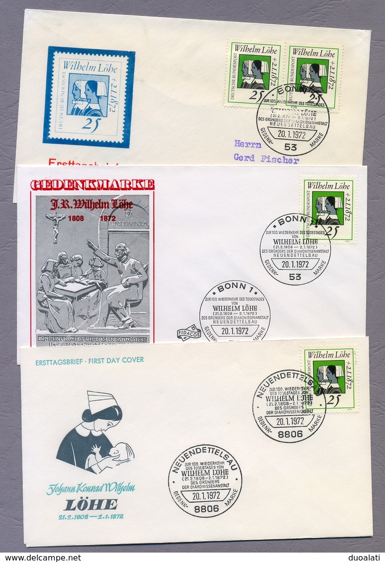 Germany Deutschland 1972 3 X FDC Wilhelm Löhe Evangelische Theologe Theologian - Theologen