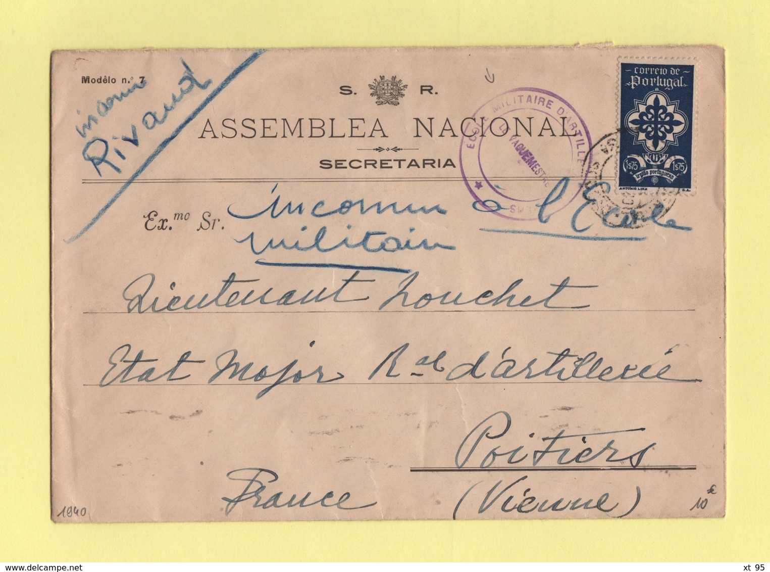 Lettre Du Secretariat De L'Assemblee Nationale Du Portugal Pour L'Etat Major D'Artillerie A Poitiers - 1940 - Guerra Del 1939-45