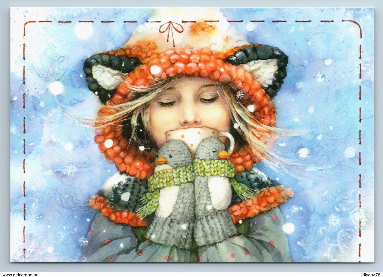 Pretty Little Girl In Funny Hat Fox WINTER TEA Cup New Unposted Postcard - Other & Unclassified