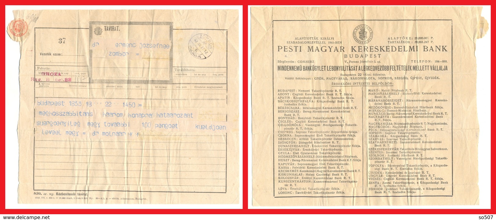 T1-Tavirat Telegram Telegraph Traveled From Dr. Molnar Hungary Budapest To Zombor Sombor Yugoslavia 1942. - Telegraph