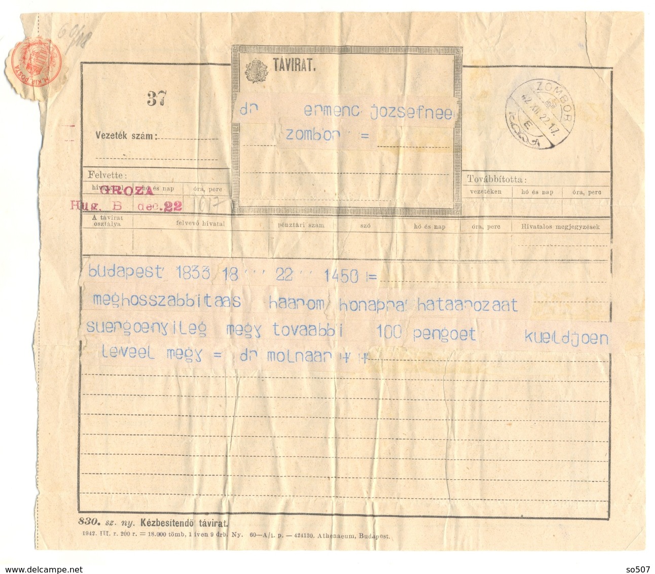 T1-Tavirat Telegram Telegraph Traveled From Dr. Molnar Hungary Budapest To Zombor Sombor Yugoslavia 1942. - Telegraaf