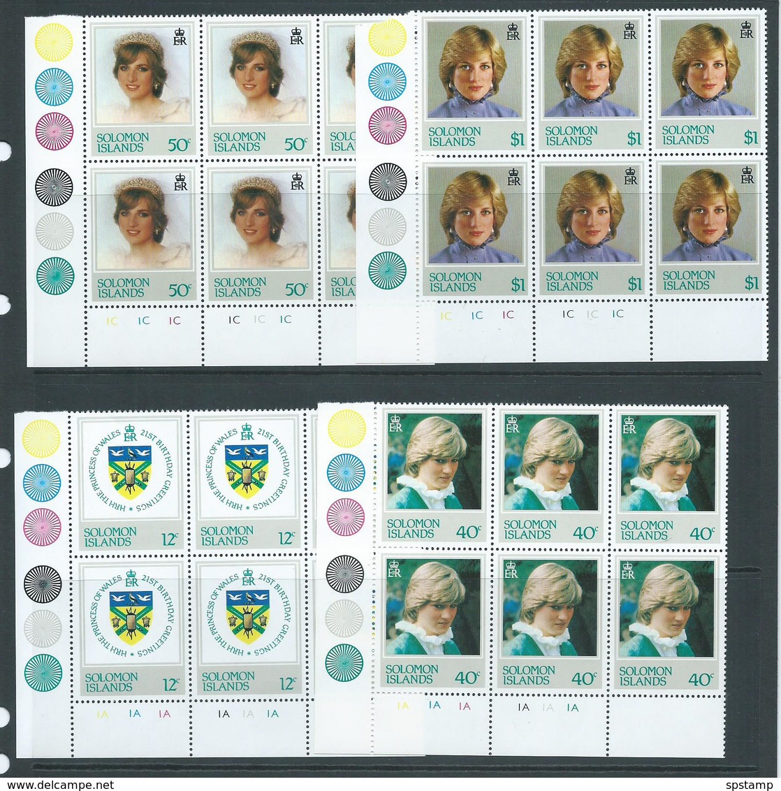 Solomon Islands 1982 Princess Diana 21st Birthday Set 4 In Corner Plate Number Blocks Of 6 MNH - Solomon Islands (1978-...)