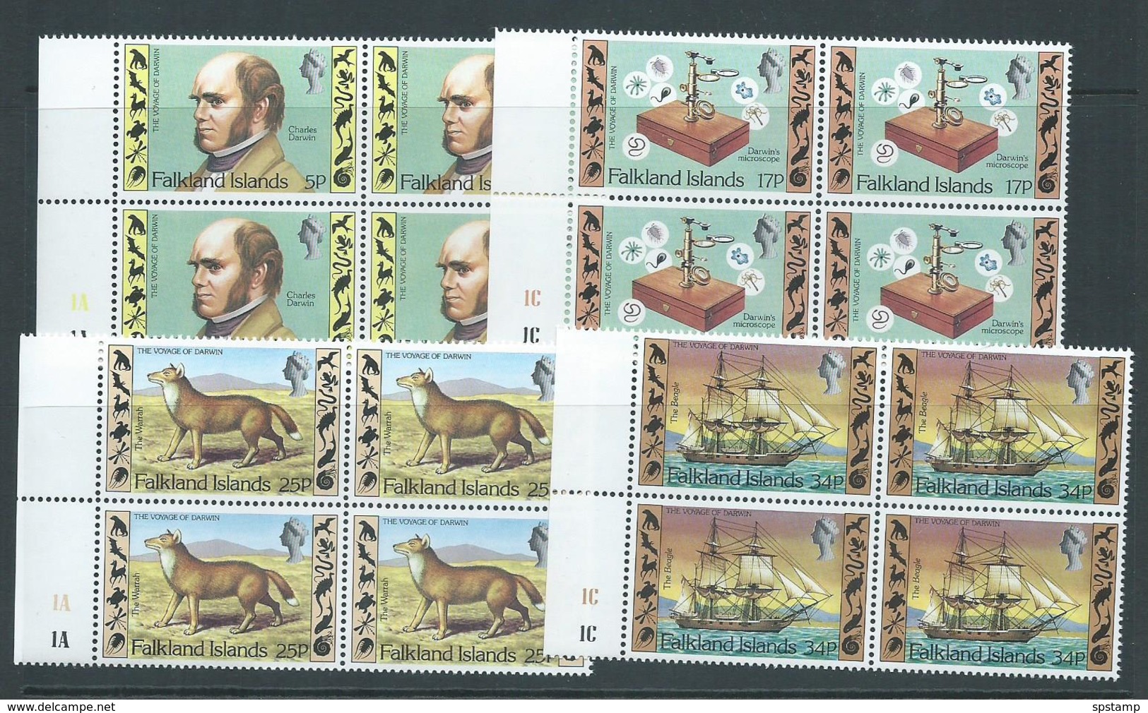 Falkland Islands 1982 Darwin Voyage Set 4 Matched Marginal Blocks Of 4 With Plate Numbers MNH - Falkland Islands