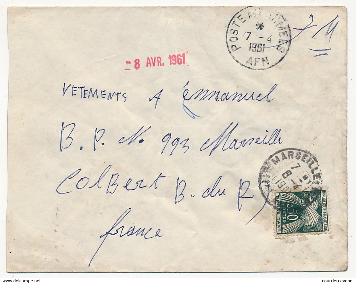 Enveloppe Depuis AFN - Poste Aux Armées AFN 7.4.1961, Taxée à L'arrivée Marseille 8.4.1961 (franchise Non Acceptée) - 1960-.... Lettres & Documents