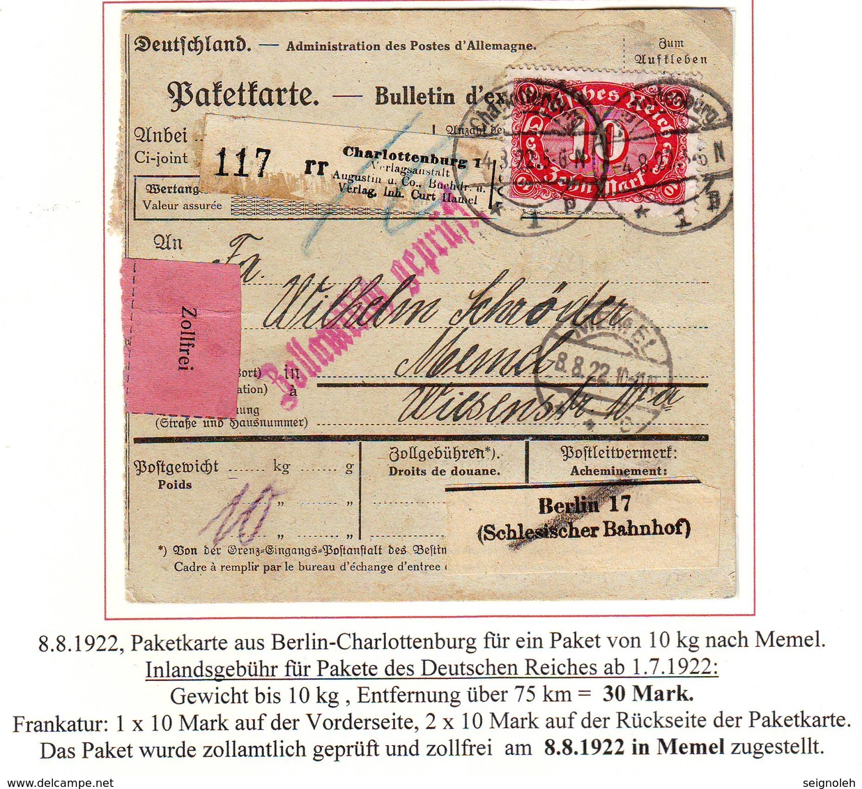 Bulletin De Colis Postal Pour MEMEL Periode Francaise 1922 , Deux Etiquettes Plus Cachet De Douane - 1849-1876: Klassik