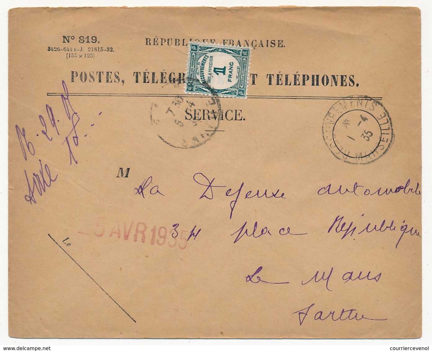 Enveloppe En Tête PTT / Service - Recouvrements Marseille 1935 - Affr Taxe N° 60 - 1859-1959 Covers & Documents