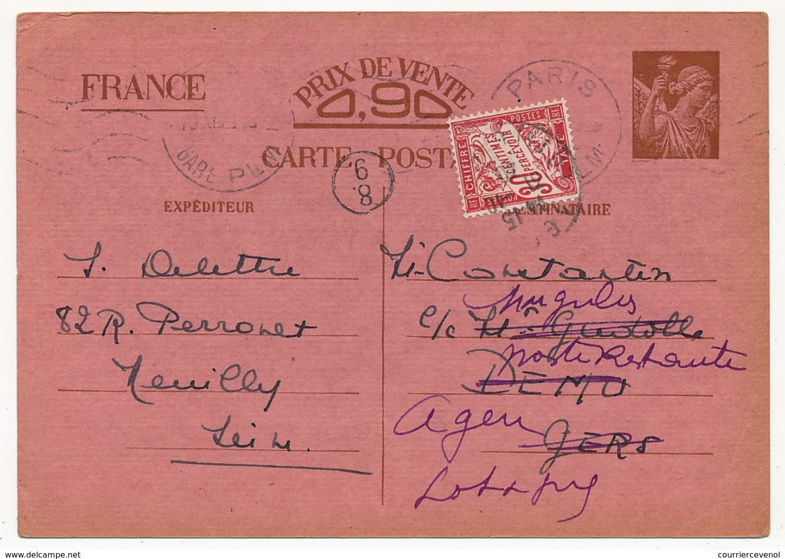 Carte Interzones Depuis Neuilly, Taxée 30c N°33 Pour Poste Restante - Cartes Postales Types Et TSC (avant 1995)