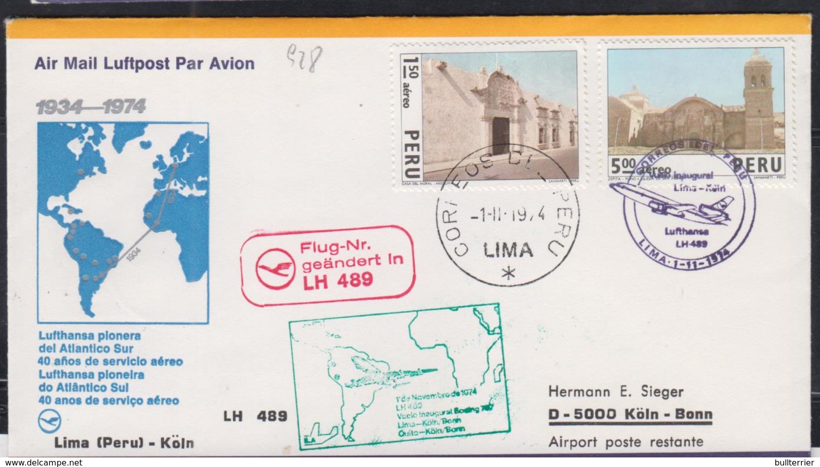 PERU -  1974-  ARCHITECTURE  /  ILLUSTRATED FIRST FLIGHT COVER  LIMA   TO KOLN - Peru