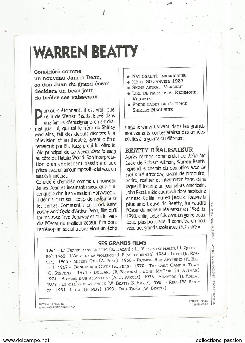 Photographie, Portrait De STARS, Cinéma ,acteur , Warren BEATTY ,1960,  Photo Cinemagence , 2 Scans ,fiche Descriptive - Personalità
