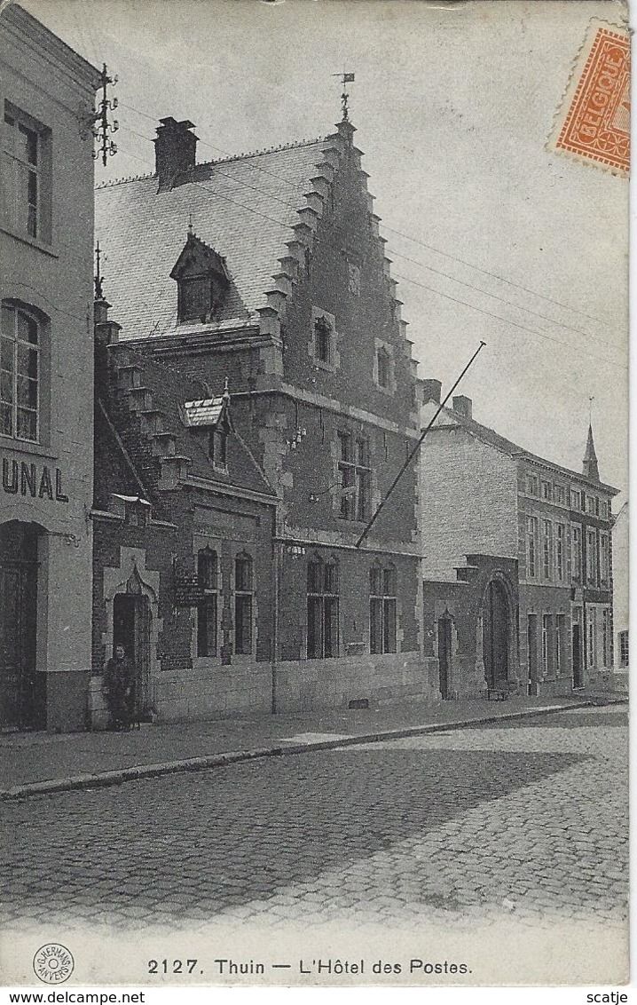 Thuin.   -  L'Hôtel Des Postes.   -  Mooie Kaart!   -   1912   Naar    Molenbeek - Thuin