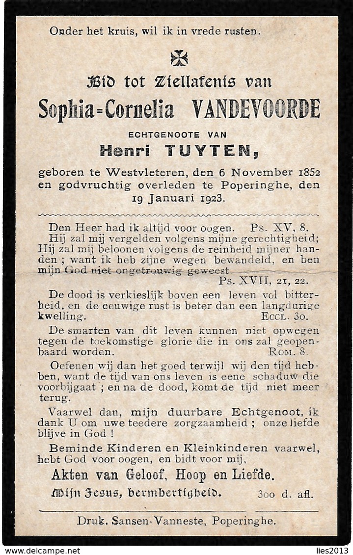 Westvleteren, Poperinge, 1923, Sophia Vandevoorde, Tuyten, - Devotieprenten