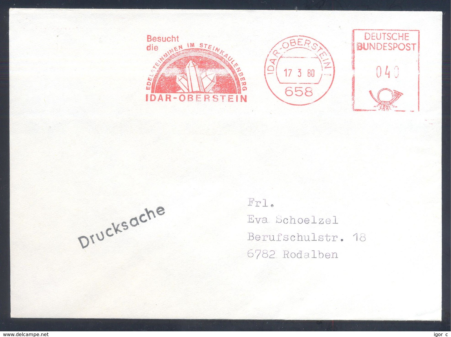 Germany 1980 Cover  Minerals Mineralien Mineraux; Mines Bergbau; Idar Edelstein Gem; Meter Ema Freistempel - Mineralien