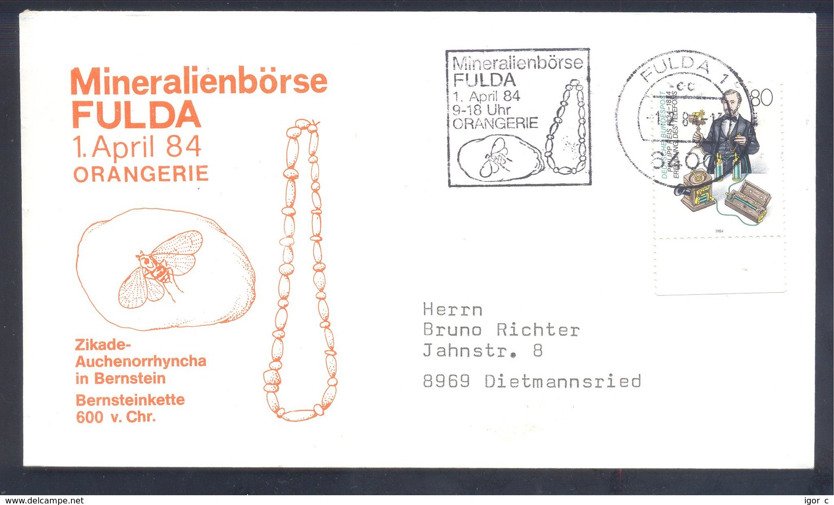 Germany 1984 Cover:  Minerals Mineralien Mineraux; Mines Bergbau; Fossils Fossilien; Zikade Auchenorrhyncha; Fulda LABEL - Minerali