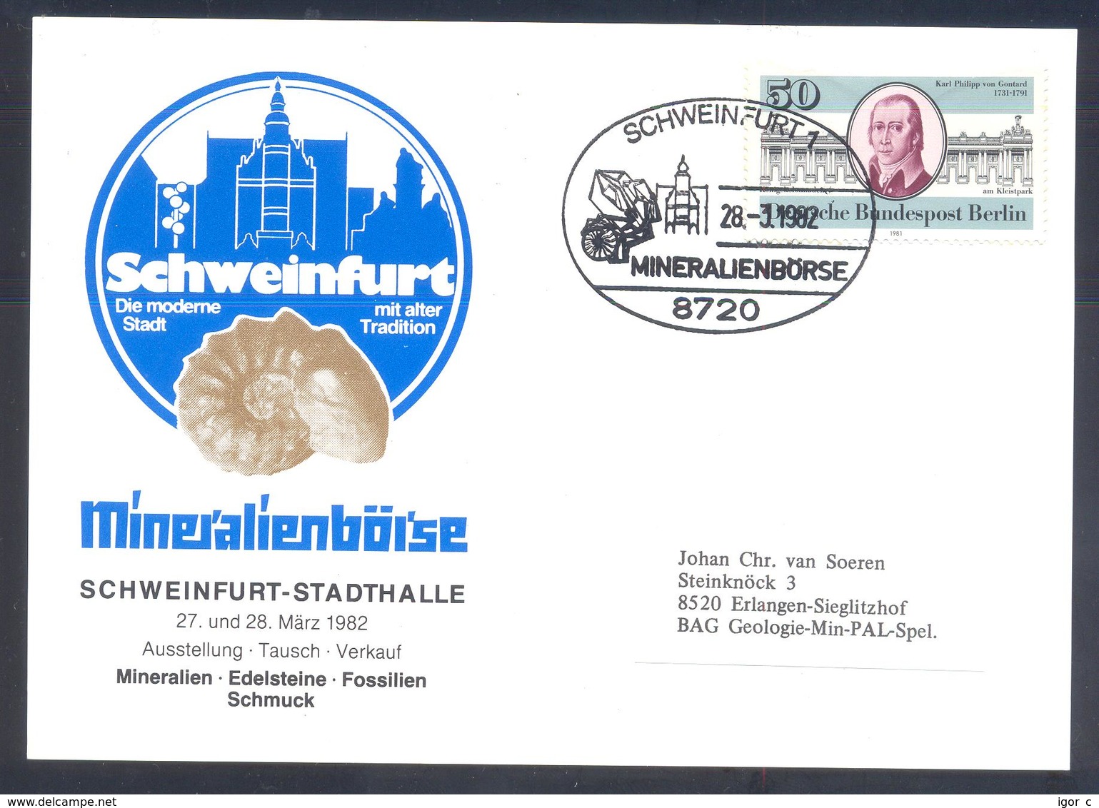 Germany 1982 Cover:  Minerals Mineralien Mineraux; Mines Bergbau; Fossils Fossilien; Mineralien Börse Schweinfurt - Mineralien