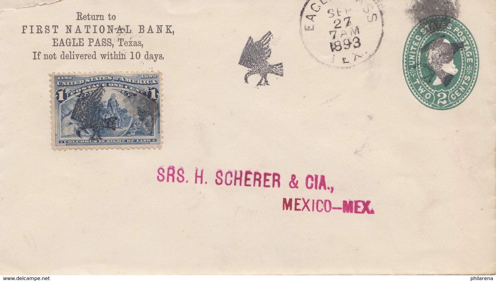 USA 1893: Eagle Pass, Texas To Mexico, First National Bank - Other & Unclassified