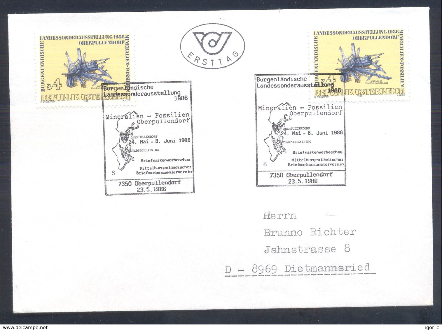 Austria 1986 Cover: Minerals Mineralien Mineraux;; Fossils Fossilien; Antimonit; Burgerlandische Ausstellung Oberpullend - Mineralien