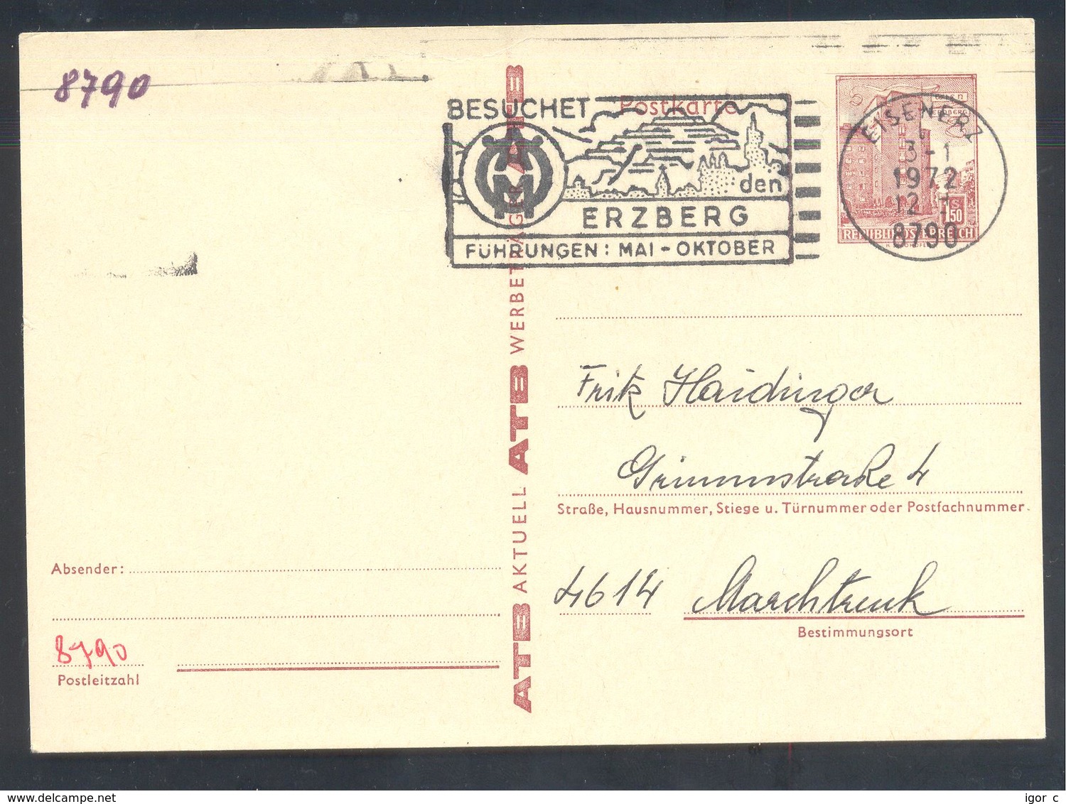 Austria 1972 Postal Stationery Card: Minerals Mineralien Mineraux; Erzberg Eisenerz - Mineralien