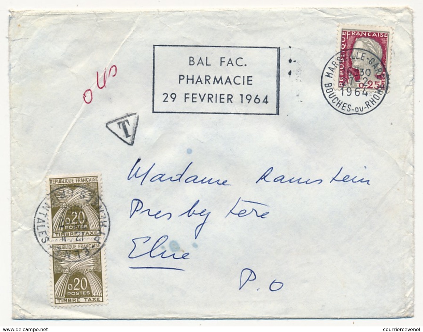 Enveloppe Depuis Marseille - 1964 - Taxée 0,20 Gerbes X2 - Elne (Pyr Orientales) - 1960-.... Lettres & Documents