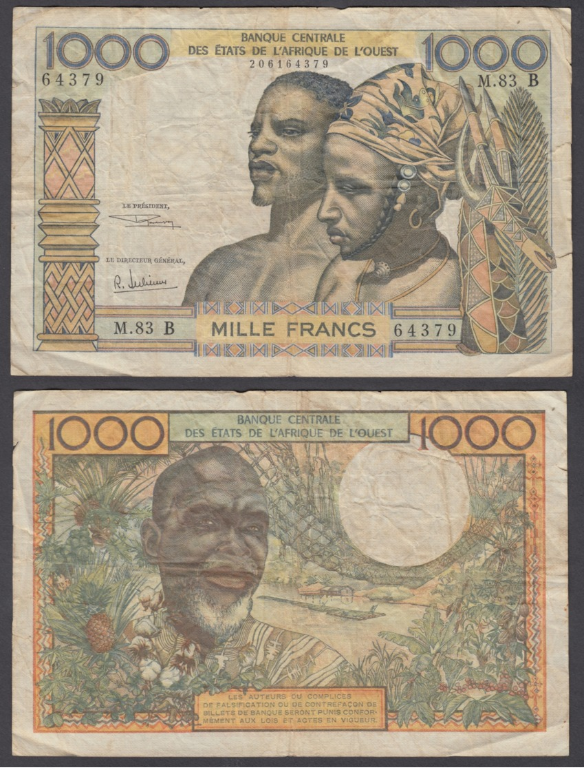 West African States 1000 Francs ND 1961 (F) Condition Banknote KM #203Bg - West African States