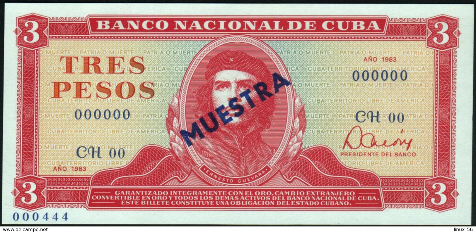 CUBA - 3 Pesos 1983 {SPECIMEN} {MUESTRA} {"Che" Guevara} UNC P.107 S - Cuba