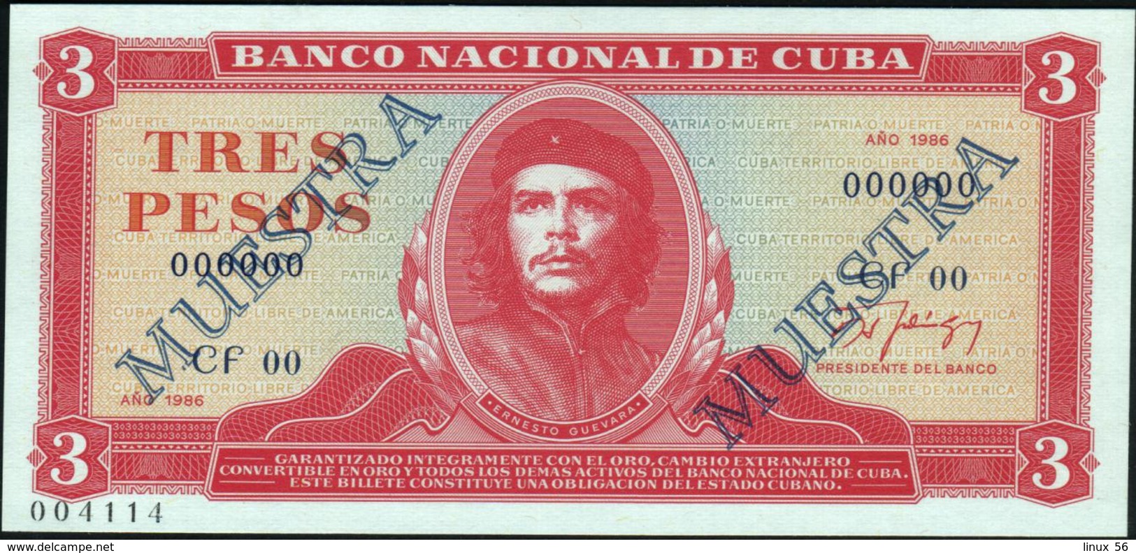 CUBA - 3 Pesos 1986 {SPECIMEN} {MUESTRA} {"Che" Guevara} UNC P.107 S - Cuba