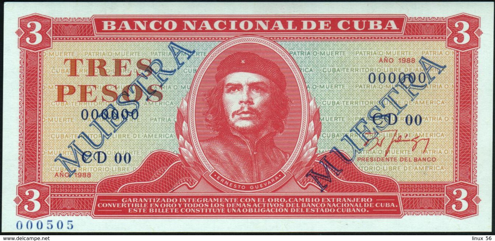 CUBA - 3 Pesos 1988 {SPECIMEN} {MUESTRA} {"Che" Guevara} UNC P.107 S - Cuba