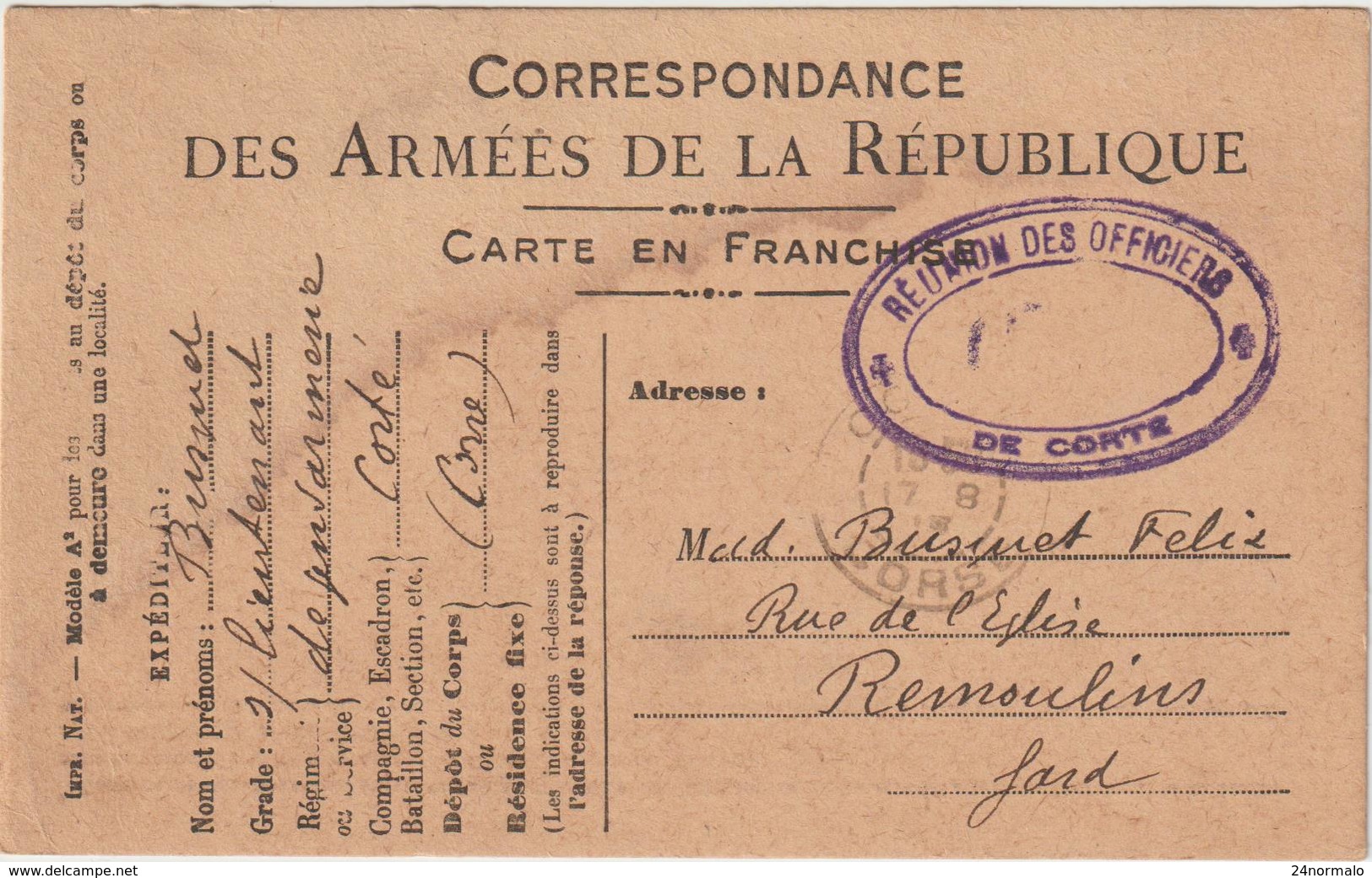 Lire Texte CPFM "Réunion Des Officiers De Corte" Cad Corte 1915 - WW I