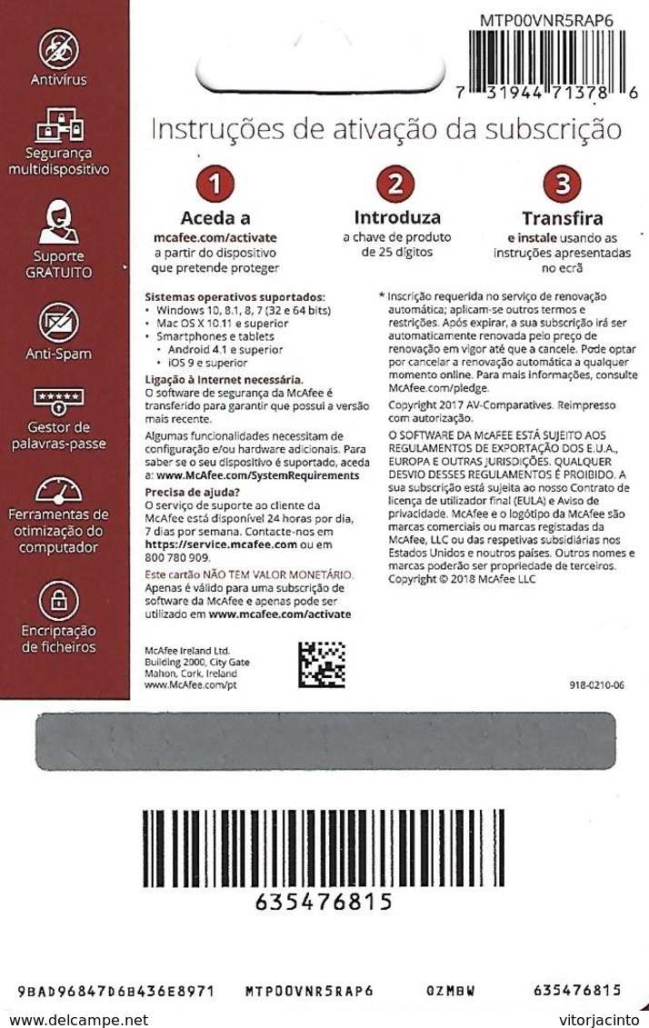 PORTUGAL - Gift Card - McAfee 5 - Cartes Cadeaux