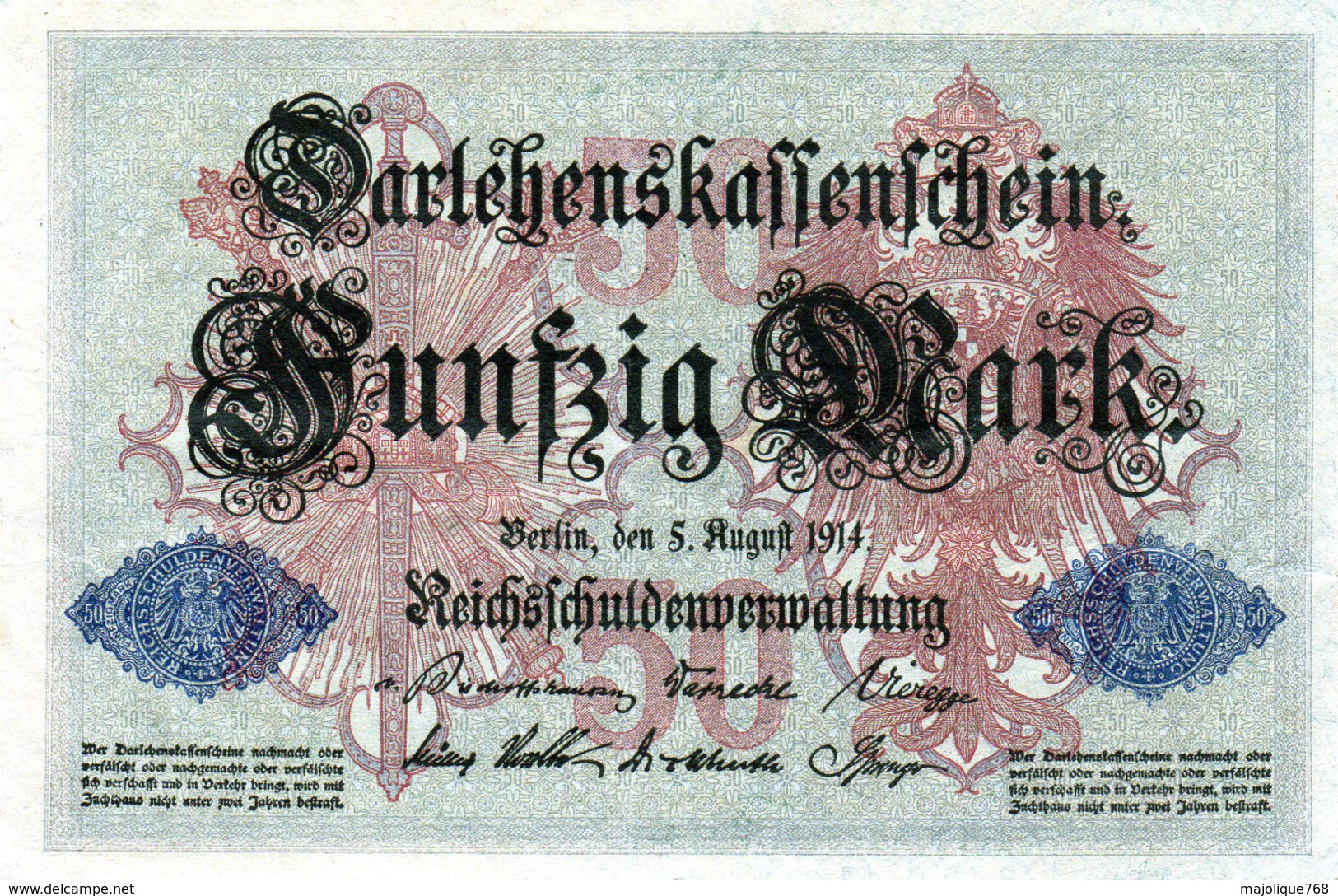 Billet Allemand De 50 Mark Du 5-8-1914- 7 Chiffres Rouge M - N°4253007 En T B - - 50 Mark