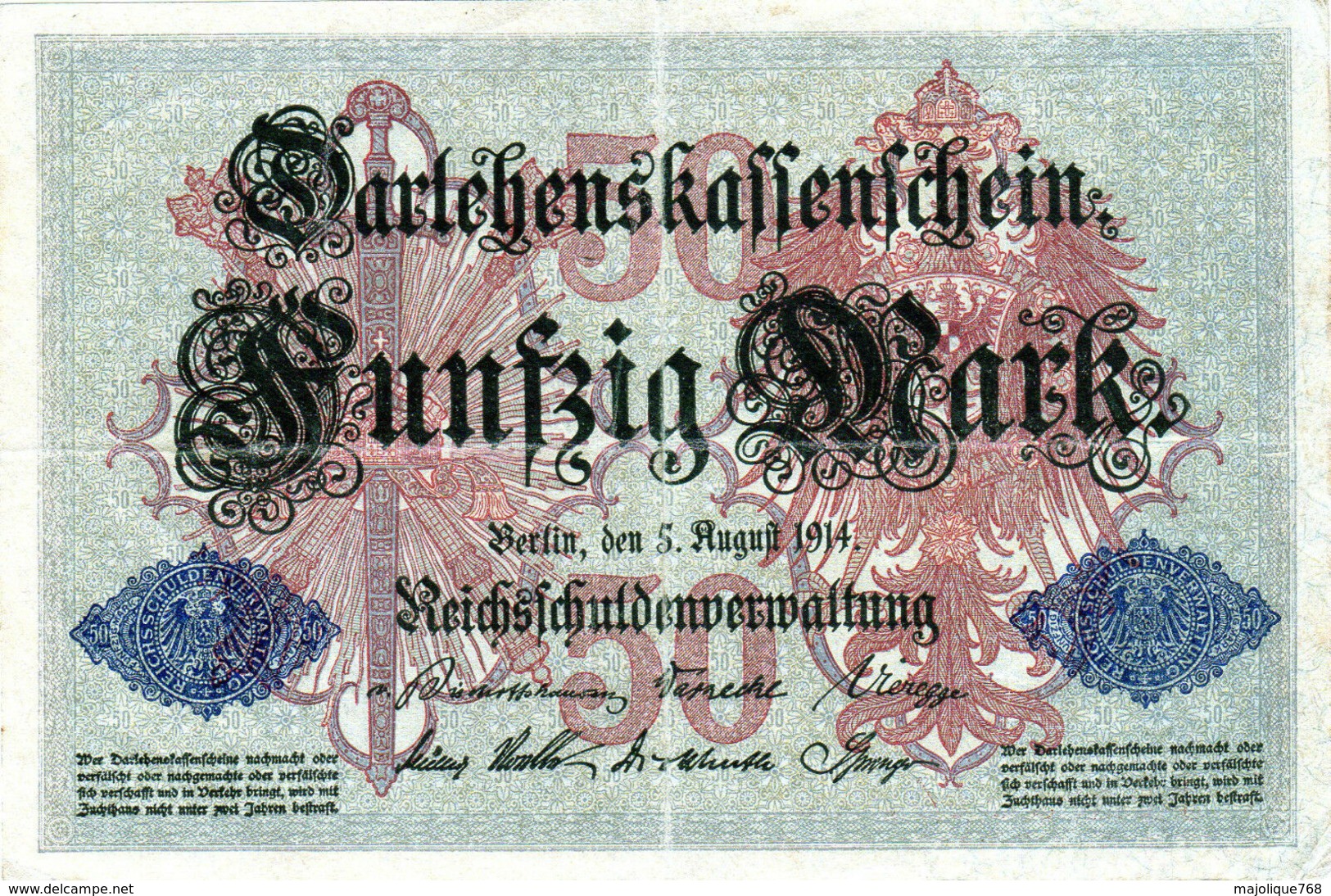 Billet Allemand De 50 Mark Du 5-8-1914- 7 Chiffres Rouge M - N°3514900 En T B - - 50 Mark