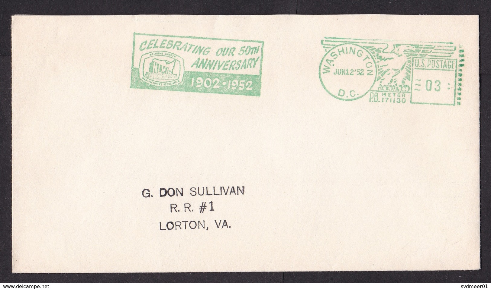 USA: Cover, 1952, Green Meter Cancel, NLMA Anniversary, Association (minor Discolouring At Back) - Brieven En Documenten