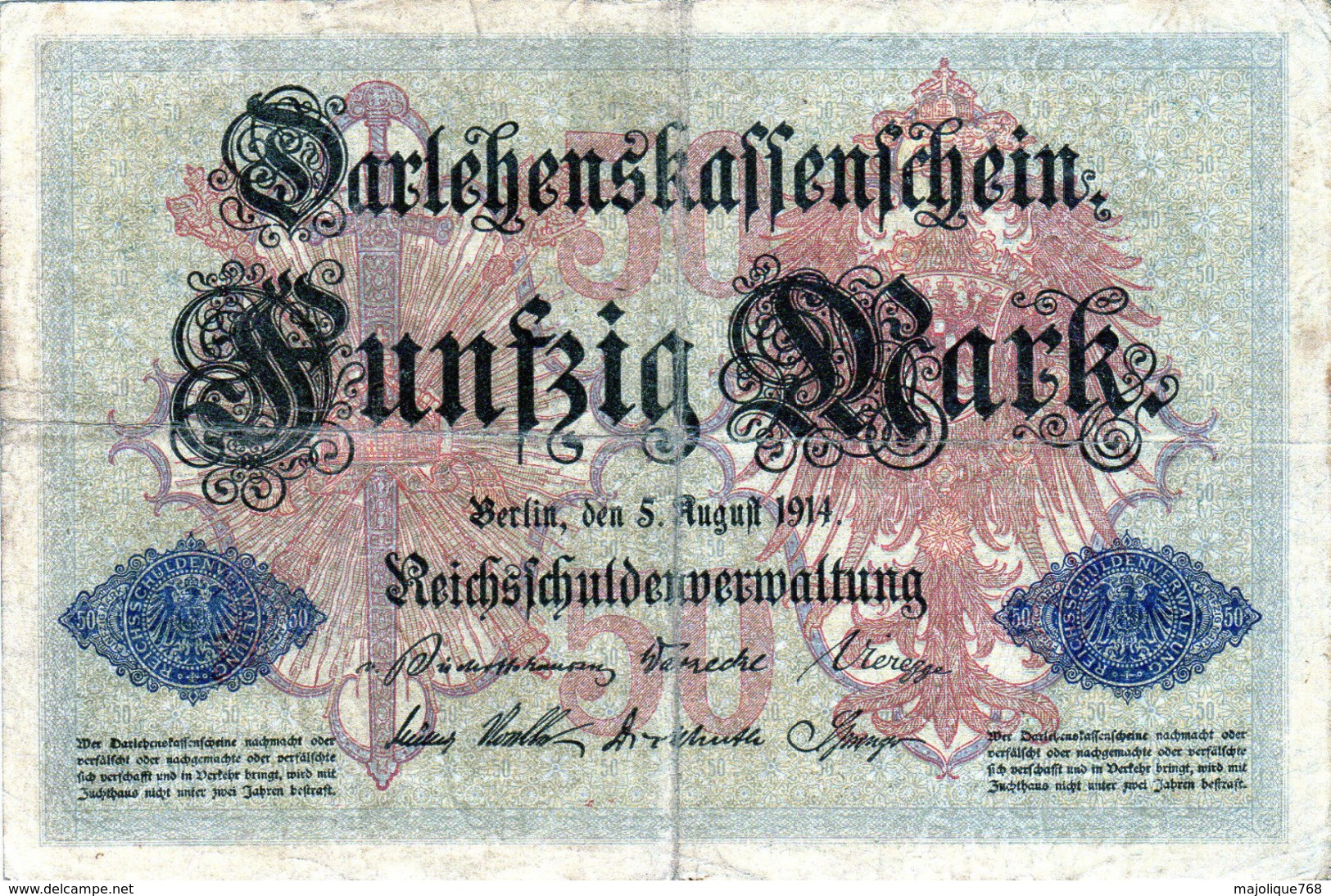 Billet Allemand De 50 Mark Du 5-8-1914- 6 Chiffres Rouge N - N° 000660 En T B - - 50 Mark