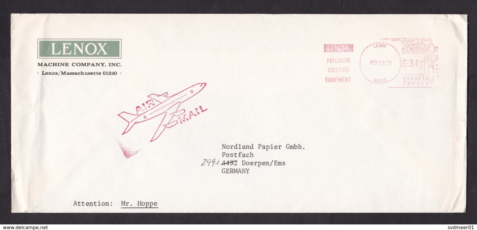 USA: Cover To Germany, 1976, Red Meter Cancel, Lenox Machine Company, Precision Sheeting Equipment (minor Damage) - Brieven En Documenten