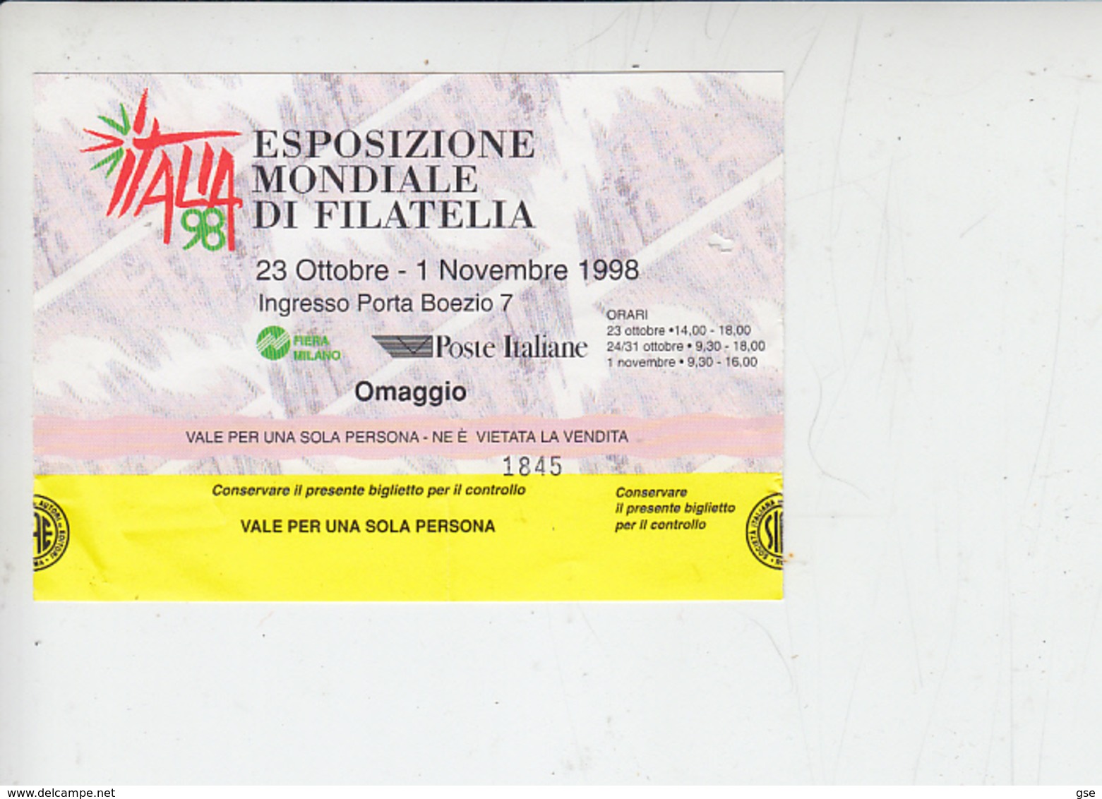 ESPOSIZIONE MONDIALE DI FILATELIA - 1998 - Biglietti D'ingresso